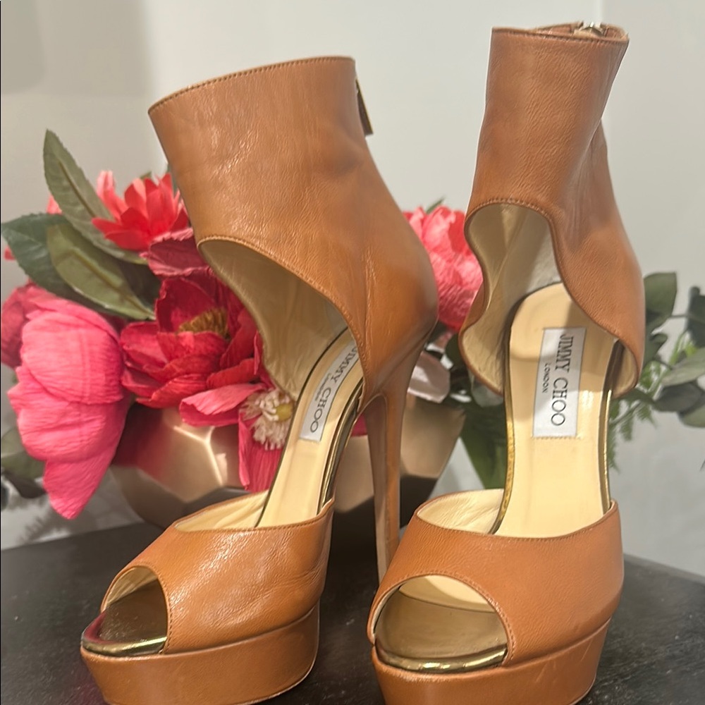Jimmy Choo Tan Platform Peep Toe Heels